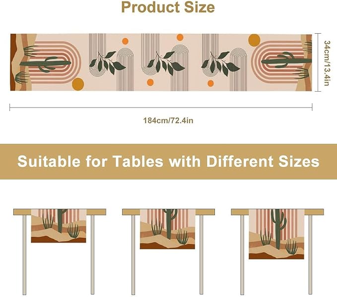 Mid Century Modern Table Runner, Boho Sun Tropical Desert Cactus Abstract Arch Print Table Runner for Kitchen Dining Home Party Birthday Decor, 13x120 Inch