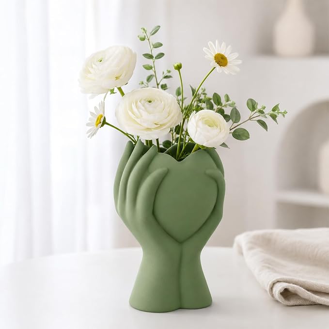 8 Inch Heart Hand Green Ceramic Vase - Unique Modern Aesthetic Flowers Vase for Living Room Bedroom Office Kitchen Table Centerpiece or Shelf Decor - Gifts for Wedding Bridal Shower Women Mom (Green)