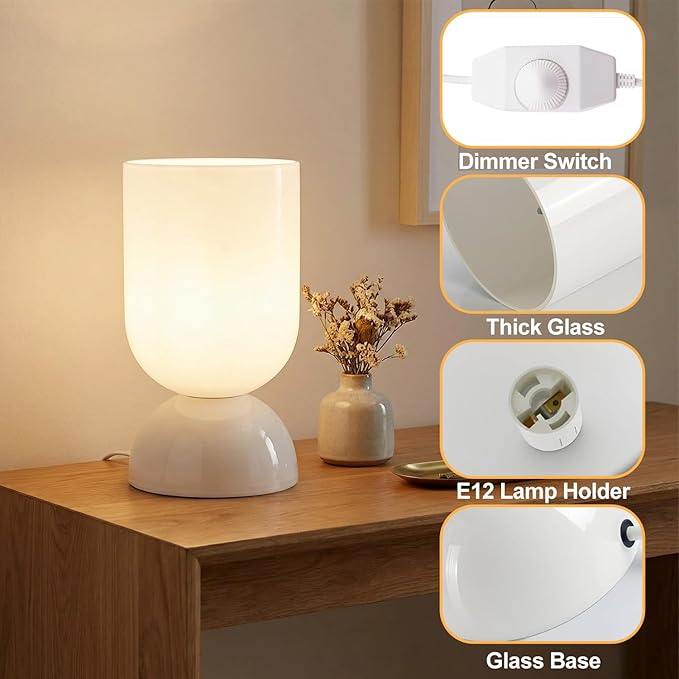 8.9" Modern Glass Table Lamp for Living Room, Dimmable Desk Lamps for Bedroom, UL Listed Nightstand Lamp with Dome Base, End Table Lamps for Home, Side Tables, College Dorm, Office, Glossy White