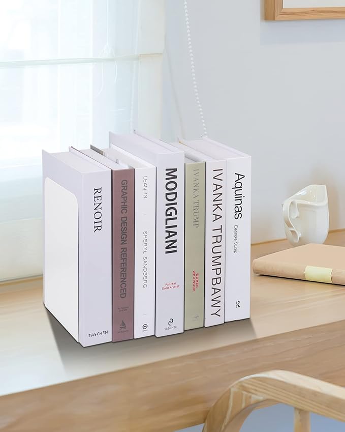 Honagu Book Ends, Bookends for Shelves, Home, Office, Metal Book Stopper for Books, Metal Bookend Supports, Modern Minimalist Style Decorative Bookend, White (4Pairs/8Pcs)