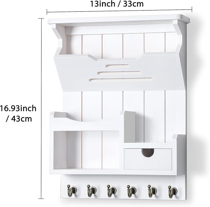 DOPACE Key Holder for Wall, Mail and Key Holder, Mail Organizer Wall Mount with Storage Drawer and 6 Hooks, Easy Installation Key Holder for Entryway and Home Decor, White