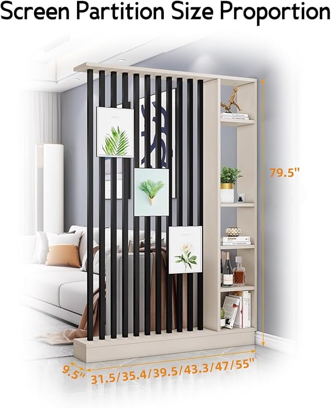 Wall Room Divider, Storage Cabinet Storage Display with Shelves, Modern Freestanding Wood Room Divider Screen, Wall Privacy Screens for Home Decorative (Beige+Black,31.5" L x 9.5" W x 79.5" H)