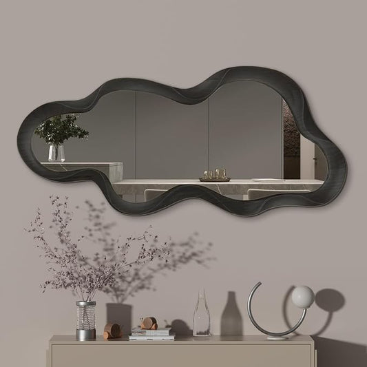 48"x 22" Irregular Wall Mirror, Wood Black Framed Wall Mirror, Asymmetrical Wall Wavy Mirror for Living Room Bedroom Entryway Bathroom Modern Decorative Mirror with Hanging Hooks