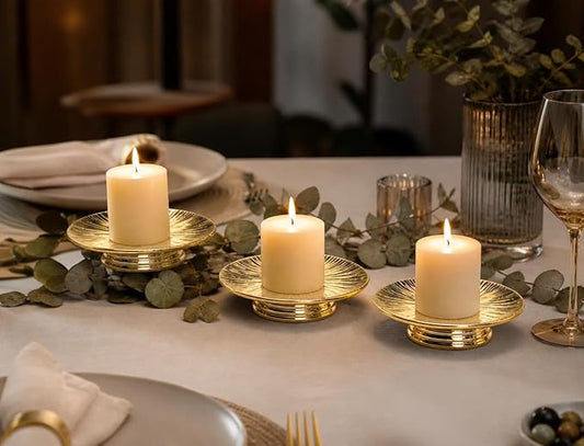 Ceramic Gold Candle Plate Set, 3-Piece – Decorative Candle Holder Tray for Pillar Candles, Jewelry, Trinkets or Bathroom Counter – Elegant Gold Finish for Tabletop & Home Décor