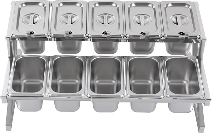 10 Pans Spice Rack Shelf 2 Row Expandable Stainless Steel Spice Organizer Stand with Lids Countertop Inclined Holder Buffet Containers Set for Sauce Jam Ingredient Kitchen Restaurant