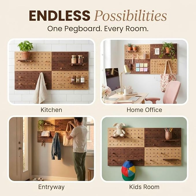 Wooden Pegboard Wall Organizer Kit – Modern Density Wood Peg Board with Shelves & Hooks – 2 Tone Natural & Brown Wood-Look Wall Organizer for Office Setup or Home Decor Storage Rack