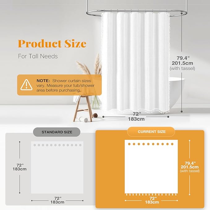 BTTN Boho Long Shower Curtain, 72x78 Inch Long Linen Ultra Thick Fabric Shower Curtain Set with Plastic Hooks, Tall Modern Farmhouse Country Neutral Textured Cloth Shower Curtains for Bathroom, White