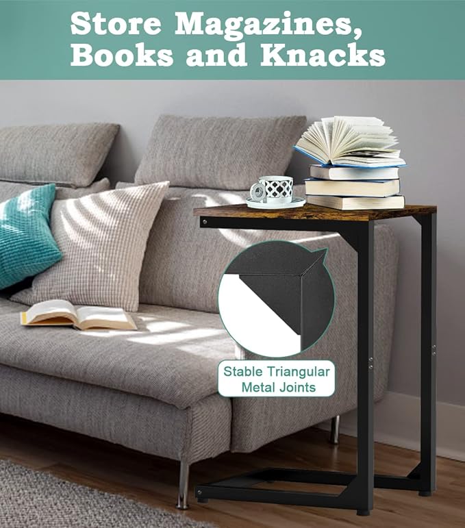 Artigarden C Shaped End Table, Side Tables Couch TV Tray Table, Small Snack Sofa Table with Metal Frame for Living Room, Bedroom, Bedside for Small Spaces, Rustic Brown Black