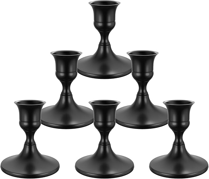 zeochyni Set of 6 Black Taper Candle Holders, Vintage Metal Candlestick Holders for Dinner Room Table Centerpiece or Mantel Wedding Party Decor