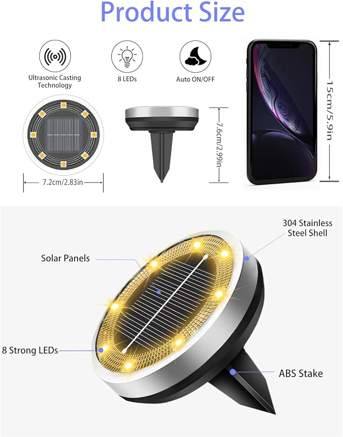 Solar Lights Outdoor Waterproof, 2 Pack 8 LED, Thickened Stainless Steel Ground Light, Solar Garden Lights Landscape Lighting for Patio Pathway Lawn Yard Deck Driveway Walkway, Warm White