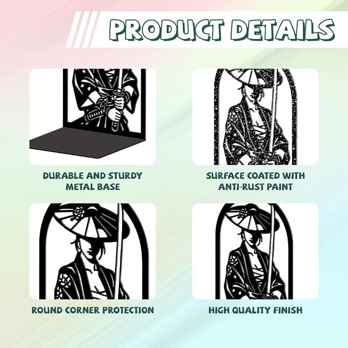 Peacoblue Metal Bookends for Shelves, Modern Decorative Heavy Duty Study Book Ends Stoppers for Office Desk Shelf, Room 5.3"x4.3"x7.9" Cast Iron Tall Bookends 1 Pair (Female Samurai with Tachi)