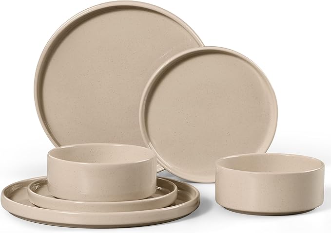 E-far 6-Piece Stoneware Dinnerware Sets, Plates and Bowls Set for 2, Kitchen Modern Dishes Set for Everyday & Formal, Chip and Scratch Resistant, Microwave & Dishwasher Safe, Speckled Khaki