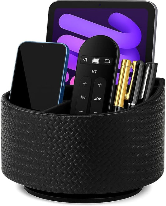 Remote Control Holder 360° Spinning Controller Holder TV Remote Caddy End Table Organizer Storage Bedside Nightstand Couch Caddy of Couch for Call Phone PU Leather Side Table Organizer