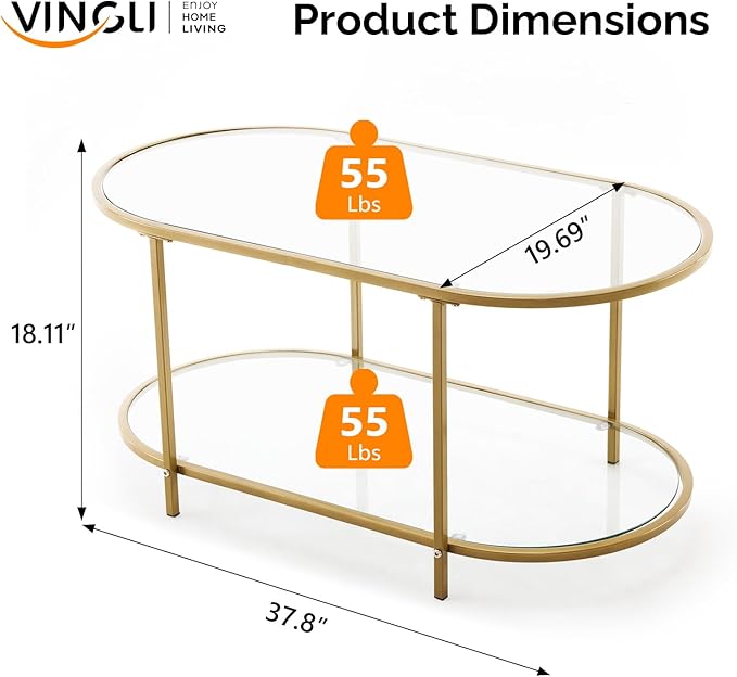 VINGLI 38" Oval Coffee Table, Transparent Glass Coffee Tables for Living, Modern Coffe Table with 2-Tier Storage, Tea Table for Small Space, Office, Balcony, Matte Gold