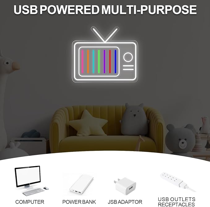 Retro TV Led Neon Sign - Vintage Old TV Set with TV Interference No Signal - Perfect Wall Décor for your 90s Theme Party, 13"x15.2"