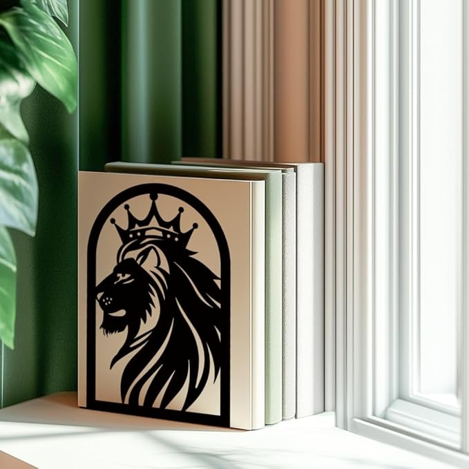 INFUNLY 1 Pair Metal Book Ends for Shelves Crown Lion Non-Skid Bookshelf Holder Stand Black Book Stopper Support for Desktop 7.1x4.7x3.5 for Home Office Library School Kitchen Decor