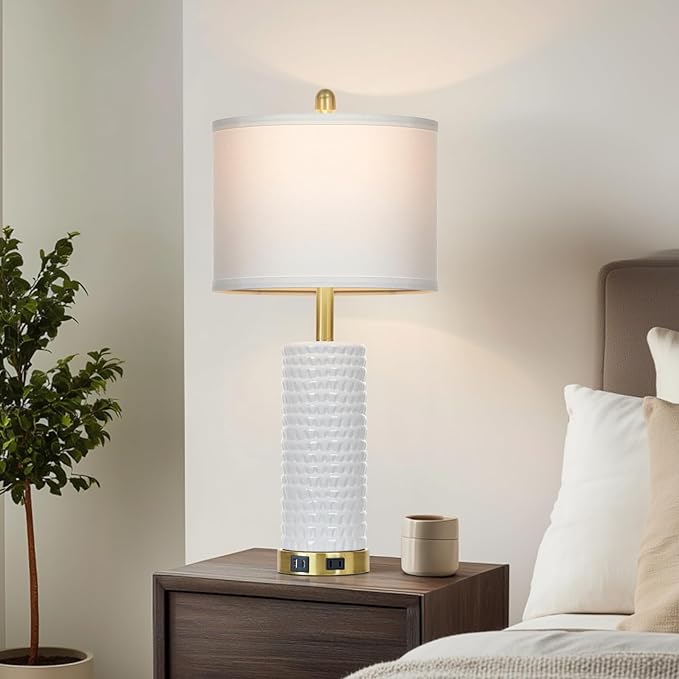 Cinyirong 26" White Table Lamps for Living Room Set of 2, Ceramic Bedroom Lamps for Nightstands, Modern Bedside Lamps for Bedroom Living Room, Nightstand Lamps for End Table, Hallway, Gold and White