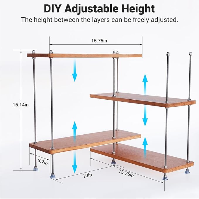 VINIUSIKI Adjustable 4 Tier L-Shaped Countertop Shelf Organizer, DIY Kitchen Corner Spice Rack for Countertop, Wood Coffee Counter Shelf Organizer for Home Office - 15.7"x15.7"x16.14" (LxWxH), Wood