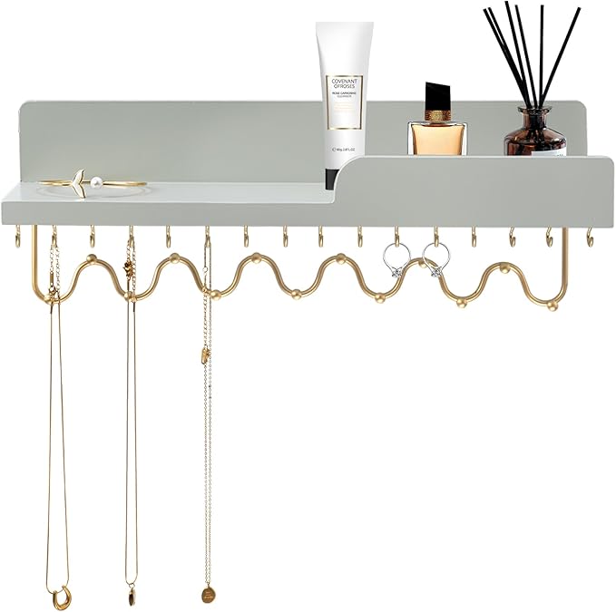29 Hooks Wall Mount Necklace Holder Organizer, Gray Decorative Wood Jewelry Shelf with Gold Metal Wave Bar and Guardrail for Necklace, Pendant, Chain, Bracelet