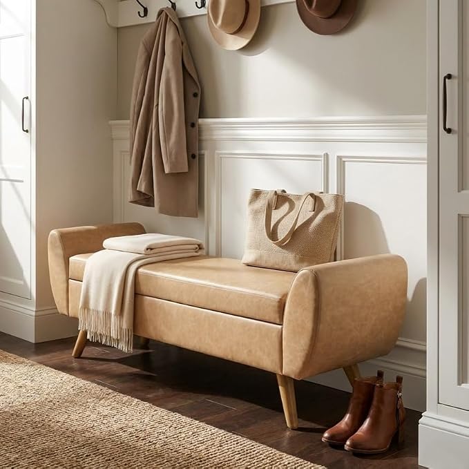 HomePop Modern Storage Bench with Wood Legs Home Décor|Bench with Storage for Living Room & Bedroom - Sand Faux Leather