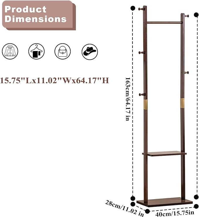 Clothes Rack Solid Wood Coat Rack with Shelves and Hooks – Garment Clothing Rack Coat Rack with Storage for Hallway, Bedroom, Living Room, 15.75 inch, Walnut