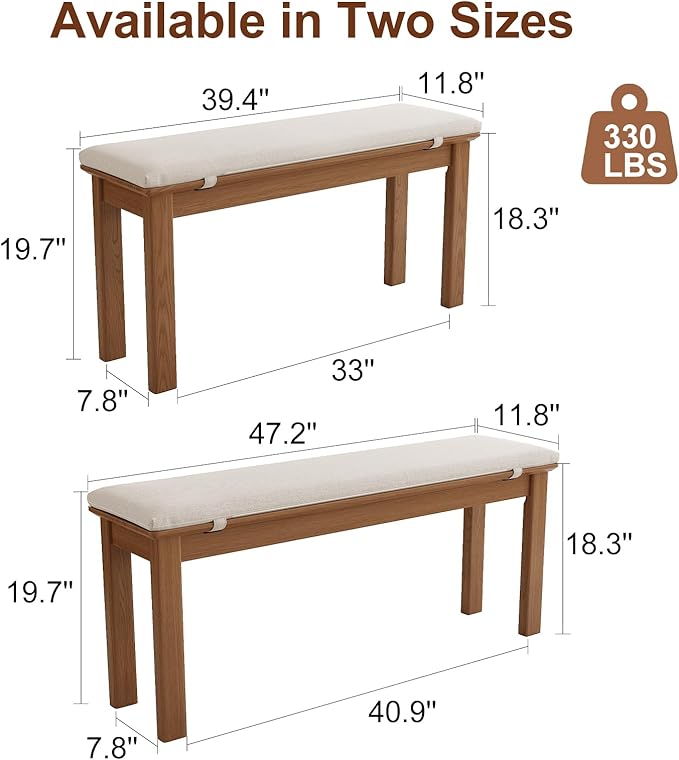 CycleCrew 39.4" Solid Wood Dining Bench with Removable Cushion - Mid-Century Modern Entryway Bench, Extra Height Upholstered Bench for Dining Table, End of Bed, Living Room