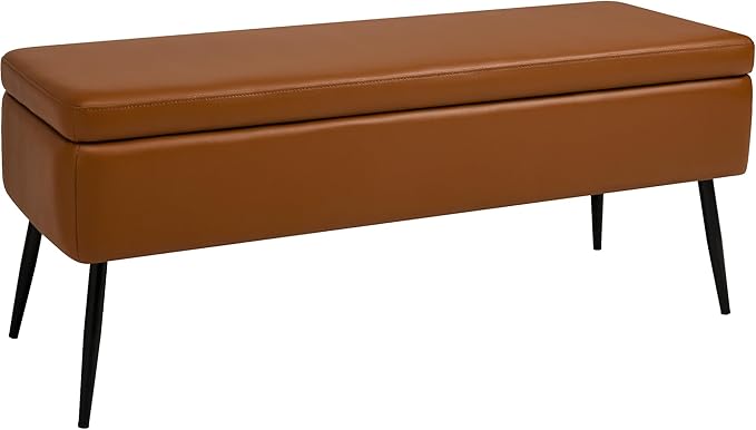 kinmars Leather Storage Ottoman Bench,End of Bed Bench for Living Room Bedroom Dinning Room Entryway,Mid-Century Modern, with Steel Legs,Safety Hinges, Loads 660 lb (Without Button, Brown)