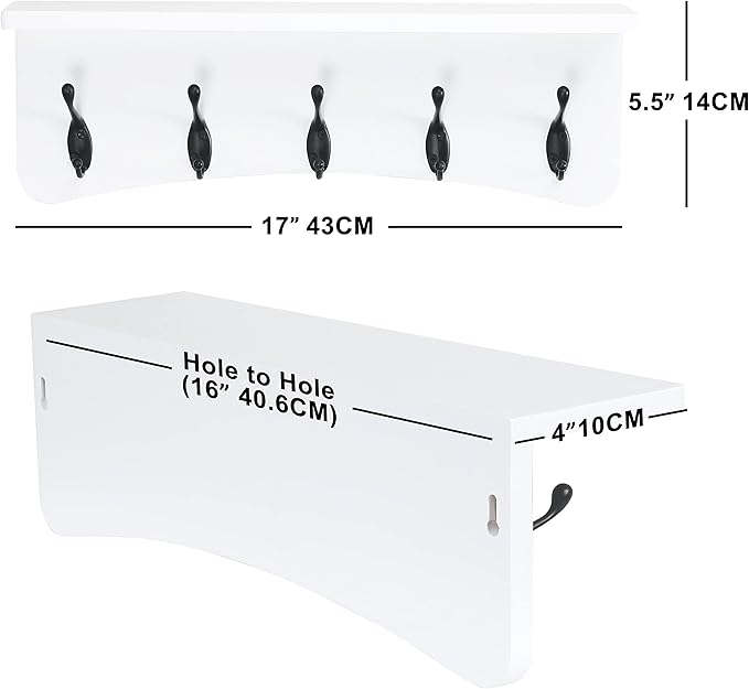 TEG01B Coat Rack Wall Mount with Shelf and 5 Hooks - 17-Inch Heavy Duty Pine Wood Entryway Rack - For Mudroom, Kitchen, Bathroom