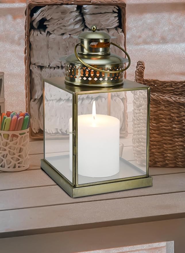 Serene Spaces Living 12" Aurea Candle Lantern, Gold Square Metal Candle Holder - Table, Mantel Decor, Elegant Decorative Centerpiece for Home, Parties, Weddings, Holidays, Special Occasions, Pack of 4