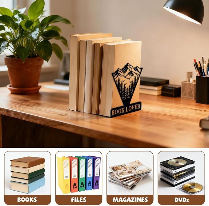 Peacoblue Metal Bookends for Shelves, Modern Decorative Heavy Duty Study Book Ends Stoppers for Office Desk Shelf, Room 5.3"x4.3"x7.1" Cast Iron Bookends 1 Pair (Triangles with Mountains and Forests)