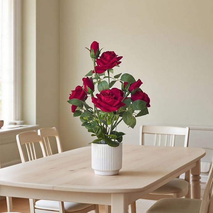 Artificial Rose Plant with Ceramic Vase,Home Decor Potted Floral Arrangement,Silk Roses Artificial Flowers (Red)