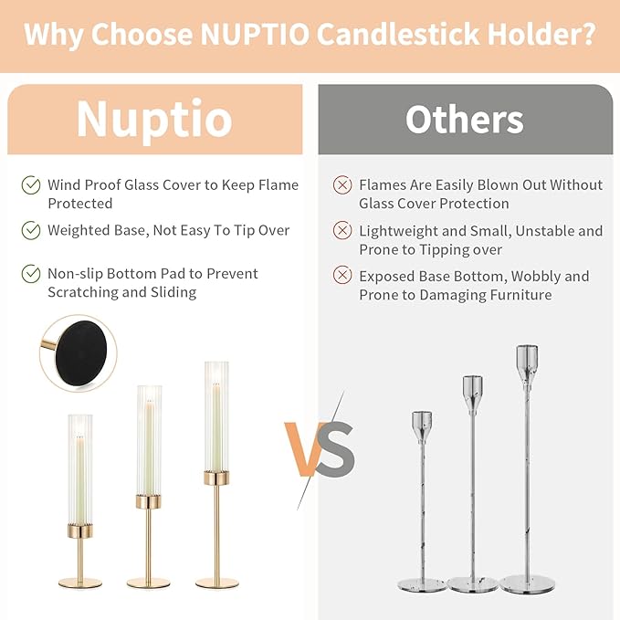 NUPTIO Tall Candlestick Holders for Centerpiece: Hurricane Candle Stick Holders with Ribbed Glass Sleeve - Gold Metal Candleholder Set of 3 for Table Fireplace Living Room Decor