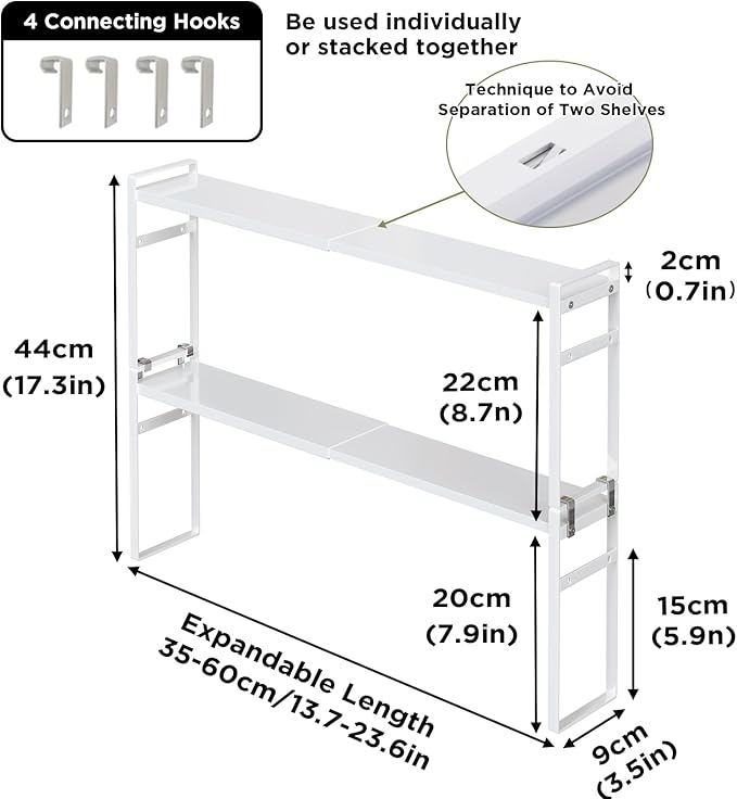 2 Tier Expandable Stackable Narrow Shelf Organizer, Tall Countertop Organizer for Tight Spaces, Windowsill Plant Stand, Over-Sink/Faucet Shelf, Kitchen Storage, Bathroom Vanity, Laundry Room (White)