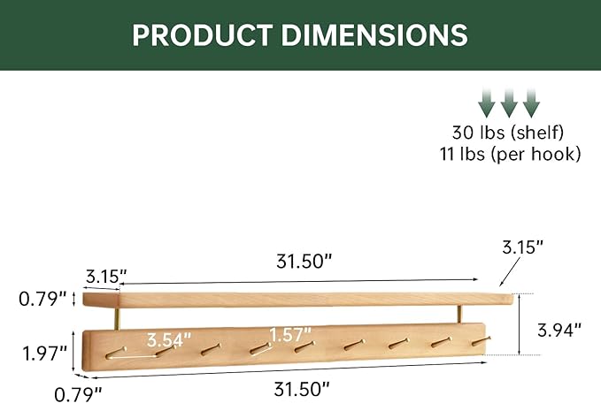 Solid Wood Wall Hooks with Shelf, Coat Rack Wall Mount, Entryway Hanging Shelf with 9 Brass Hooks for Hats, Clothes, Towels, Bags, Beech Wood, Natural