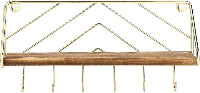 MyGift 12.5 Inch Burnt Solid Wood Hanging Display Shelf and Key Holder Rack, Wall Mounted Entryway Organizer with Brass Tone Metal Wire Chevron Design 6 Hooks