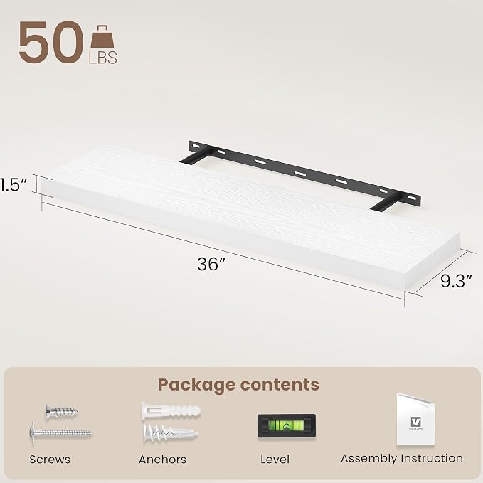 Vivelove White Floating Shelves 36 Inches Long, Wall Display Shelves with Invisible Brackets, for Bathroom Living Room Kitchen Bedroom Office Farmhouse Home Decor, 36x9.3X 1.5 - Set of 2, White