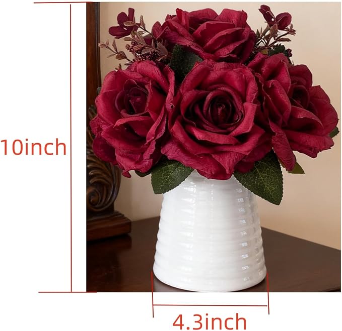 Elegant Artificial Red Rose Bouquet in White Ceramic Ribbed Vase, Silk Floral Arrangement for Home Decor, Wedding Centerpiece, Living Room Decoration