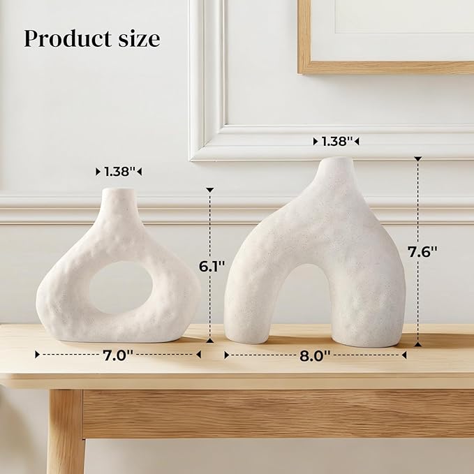 DOWAN Ceramic Vase Set of 2, 7.6" Decorative Pampas Vase for Home Decor, Modern Farmhouse Pottery Vase for Living Room Coffee Table Kitchen Bedroom Desk Entryway Mantel Book Shelf, Soft White