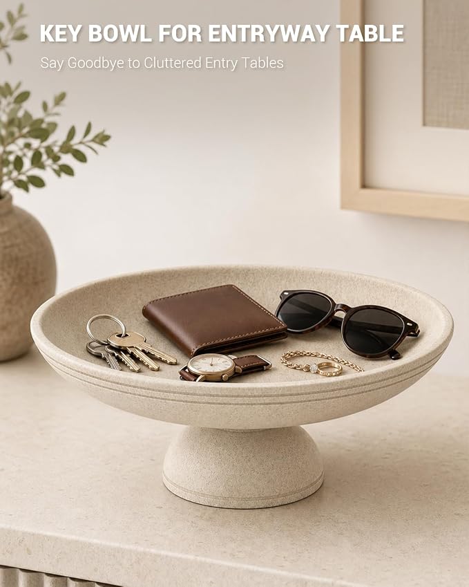Large Decorative Bowl, Handcrafted Beige Resin Pedestal Centerpiece, Fruit Bowl for Kitchen Counter, Durable Catch-All Dish and Entryway Key Holder, Modern Home Decor, 11.7 in