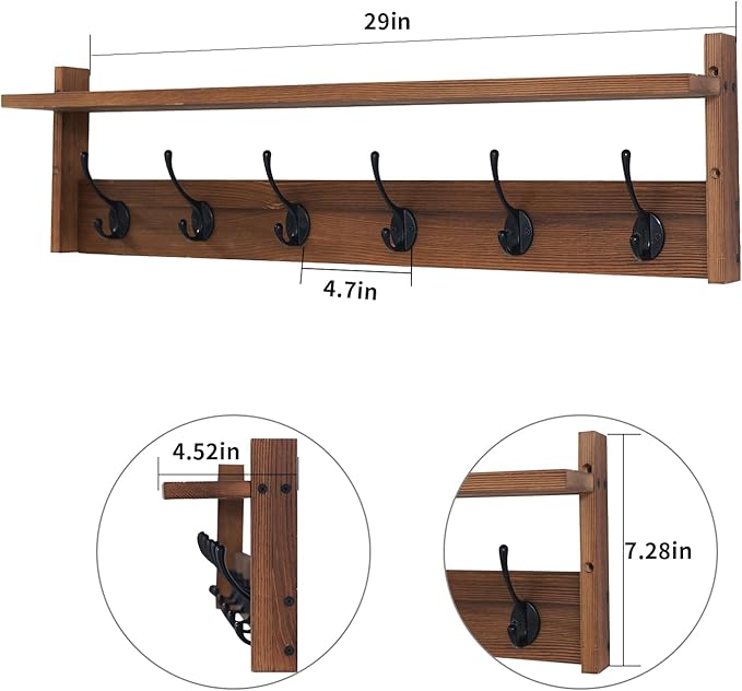 ArtBeek 29.2” Coat Rack Wall Mount with Shelf, Entryway Wall Hooks with Shelf, Coat Hangers for Bathroom, Living Room, Bedroom, Rustic Black