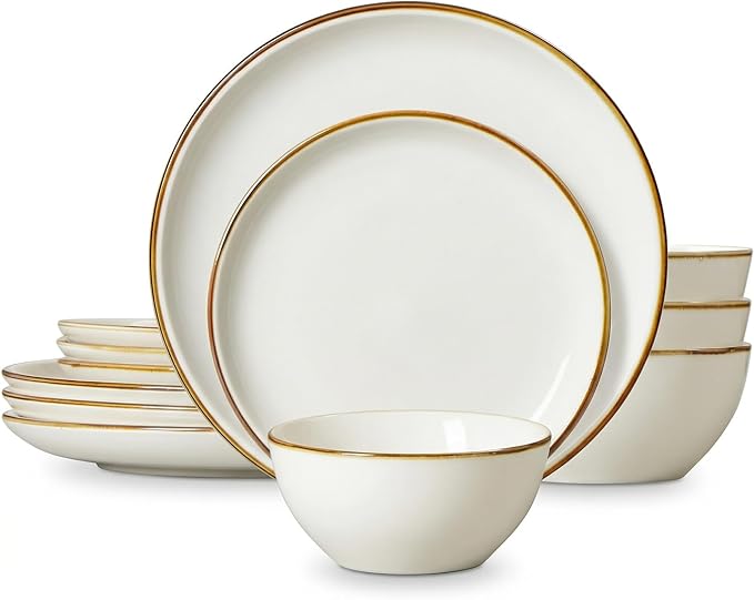 ONEMORE Plates and Bowls Set, Dinnerware Sets for 4, Porcelain Kitchen Dishes Set 12pcs, Scratch Resistant, Modern Aesthetic Dishware Sets- Microwave & Dishwasher Oven Safe,Farmhouse Style Cream White