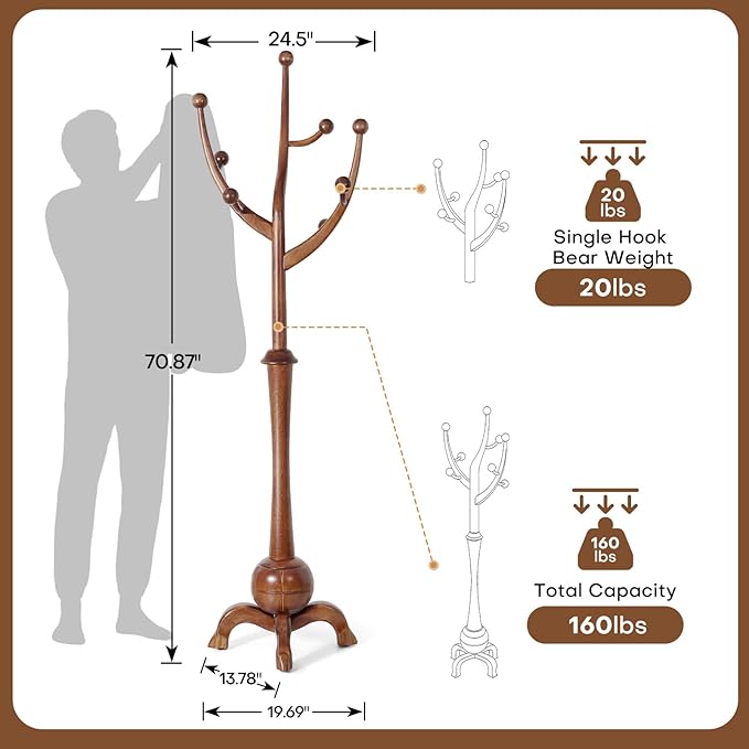 Wooden Coat Rack Freestanding with 8 Hooks, Heavy Duty Coat Hanger Stand with Stable Base, Vintage Coat Tree Standing Coat Racks for Entryway, Hallway, Bedroom (Walnut)