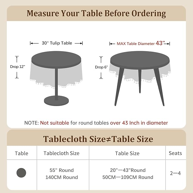 Laolitou Tablecloth for Dining Table Rustic Farmhouse Kitchen Table Cloth Coffee Cover, Cotton Linen Fabric Small Round Tables Cloths, Beige, Wine Leaf, Round, 55", 2-4 Seats