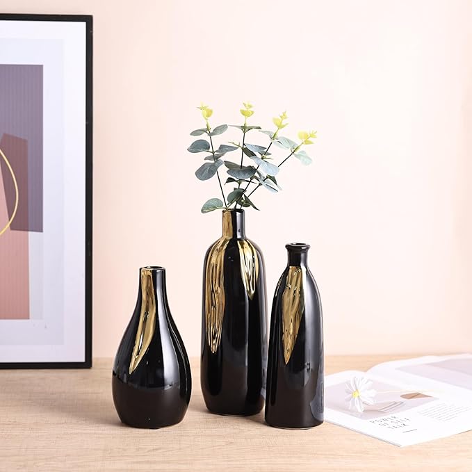 Black and Gold Ceramic Vase Set of 3, Ceramic Vase Set for Decorative, Black and Gold Single Stem Vases for Centerpieces Nightstand Kitchen, Boho Farmhouse Home Decoration