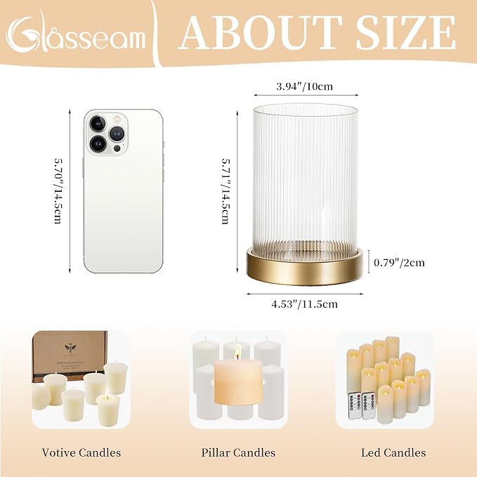 Glasseam Hurricane Glass Candle Holder: Gold Pillar Candle Holders Set of 2 Ribbed Glass Cylinder Covers with Metal Candle Tray Modern Candle Holders for Table Centerpiece Living Room Decorations