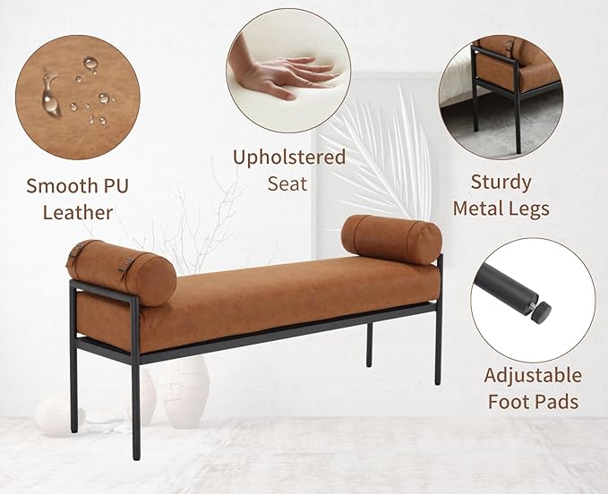Shunzhi Brown Leather Modern End of Bed Bench Upholstered Entryway Bench with Detachable Cylindrical Pillows/Metal Legs PU Ottoman Bench for Living Room/Bedroom/Hallway/Corner, 55Inch