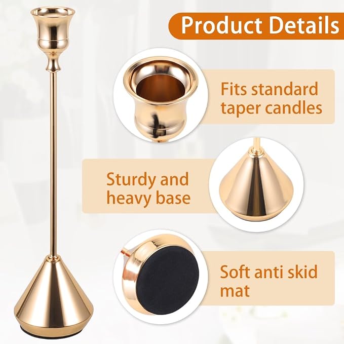 Elegant Vintage Champagne Gold Candlestick Holders, Set of 3 Taper Candle Holders with Weighted Base for Wedding, Dining Table, Holiday Decor