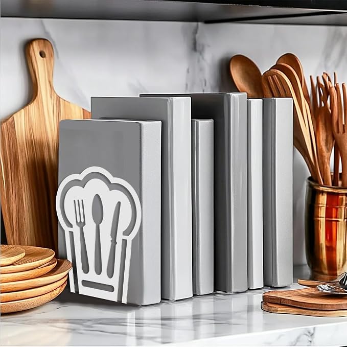 Peacoblue Metal Bookends for Shelves, Modern Decorative Heavy Duty Study Book Support Stoppers for Office, Desk, Shelf, Room 5.3"x4.3"x6.1" Cast Iron Simple White Book Ends, 1 Pair (Chef Hat)