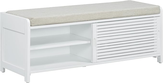 Ball & Cast 43.3" Wood Frame Entryway Storage Bench w/Shutter-Style Sliding Door & Shelf, Modern Shoes Rack Cabinet Benches with Movable Upholstered Seat for Living Room Bedroom Hallway, White
