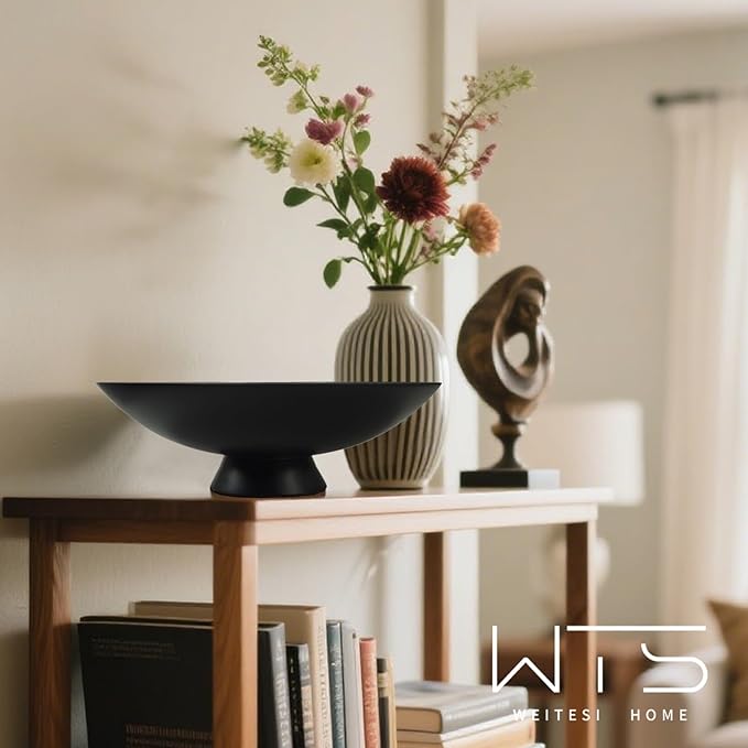 Large Decorative Fruit Bowl for Kitchen Counter, Modern Resin Pedestal Bowl for Home Decor, Stylish Key Bowl for Entryway Table, Decorative Bowl for Coffee Table Decor, Artificial Stone Black